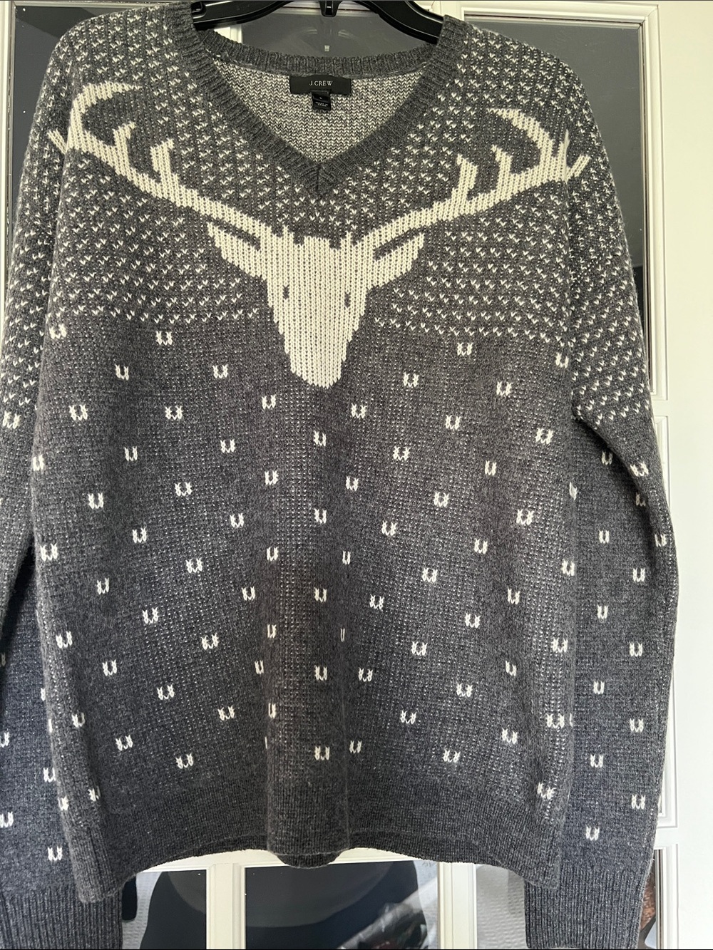 J. Crew Vintage Gray V-Neck Wool Blend Sweater with White Deer Intarsia Design.